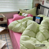 Spring Mixed Washed Cotton Bedding Set / Green + Barbie Pink