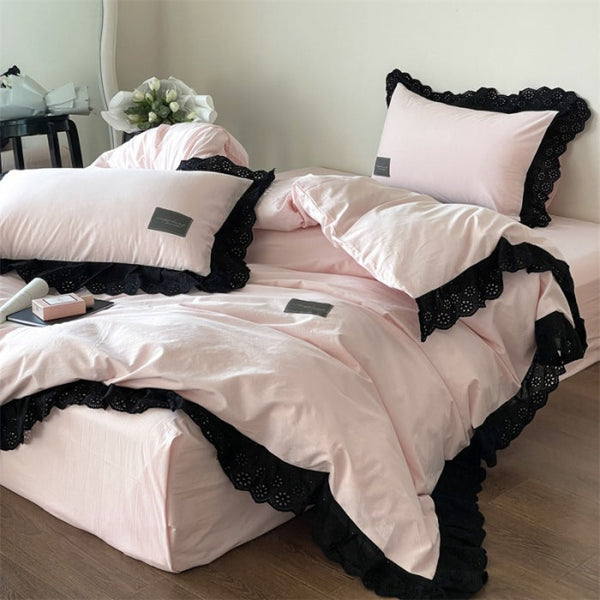 Strawberry Black Lace Ruffle Bedding Bundle Pink / Medium Fitted