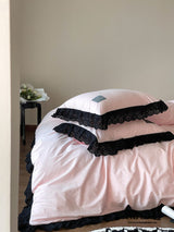 Strawberry Black Lace Ruffle Bedding Set / Pink