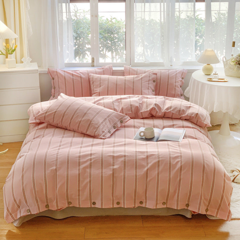 Stripe Buttoned Bedding Set / Beige Brown Pink Small Fitted