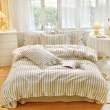 Stripe Buttoned Bedding Set / Beige Brown Small Fitted