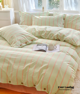 Stripe Buttoned Bedding Set / Blue Pink