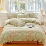 Stripe Buttoned Bedding Set / Blue Pink Mint Small Fitted