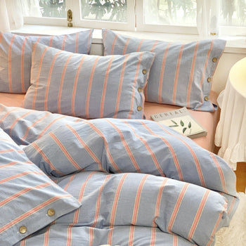 Stripe Buttoned Bedding Set / Blue Pink Small Fitted