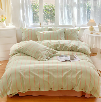 Stripe Buttoned Bedding Set / Mint Pink Small Fitted
