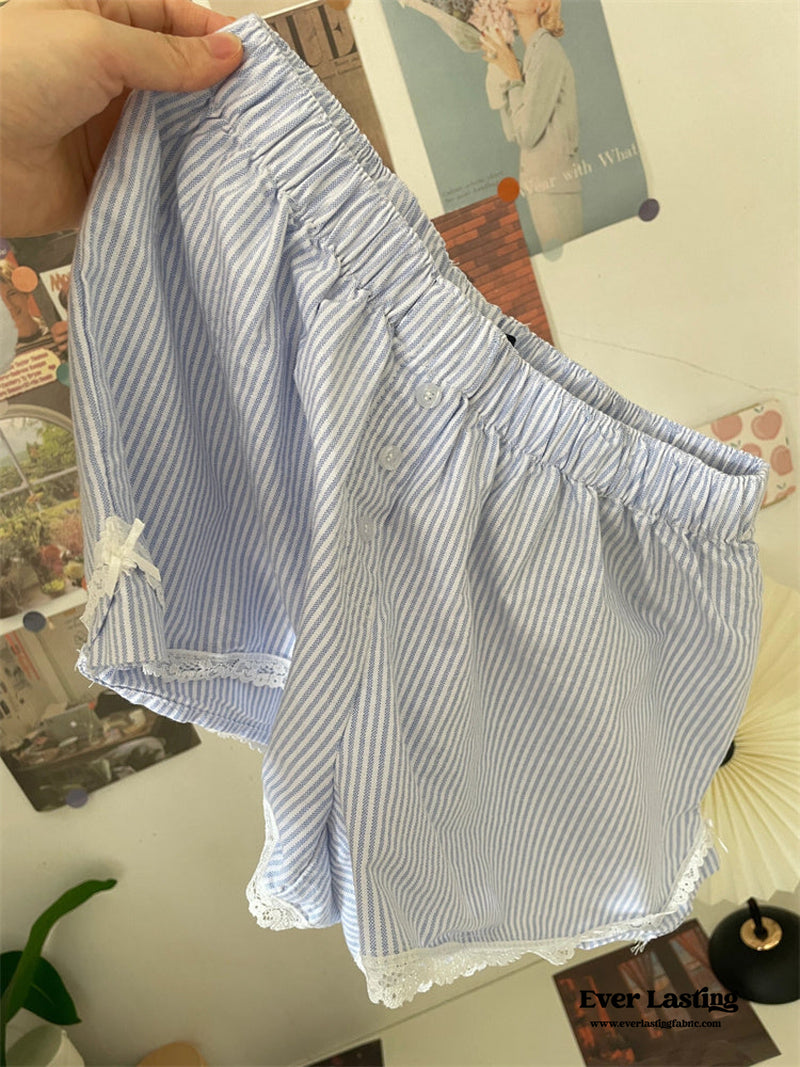 Stripe Ribbon Bow Lace Pajama Boxer Shorts