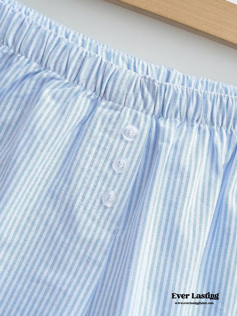 Stripe Ribbon Bow Lace Pajama Boxer Shorts / Blue