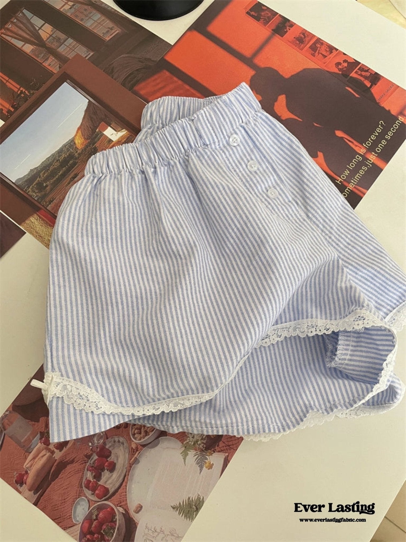 Stripe Ribbon Bow Lace Pajama Boxer Shorts / Blue - Ever Lasting