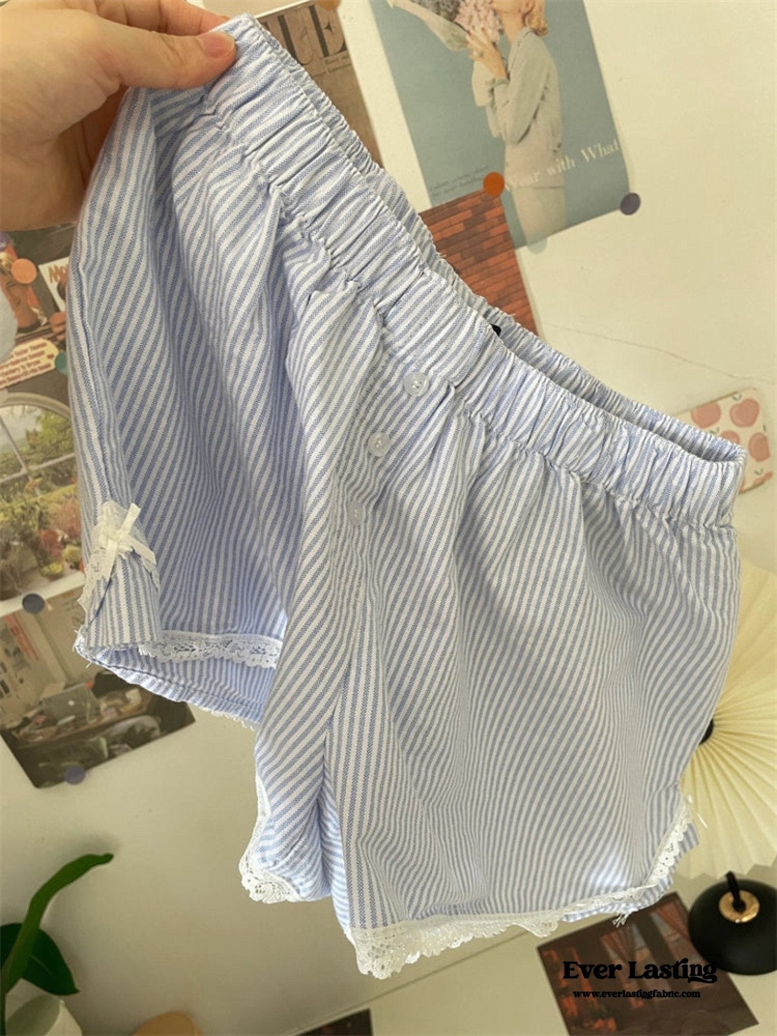Stripe Ribbon Bow Lace Pajama Boxer Shorts / Blue - Ever Lasting