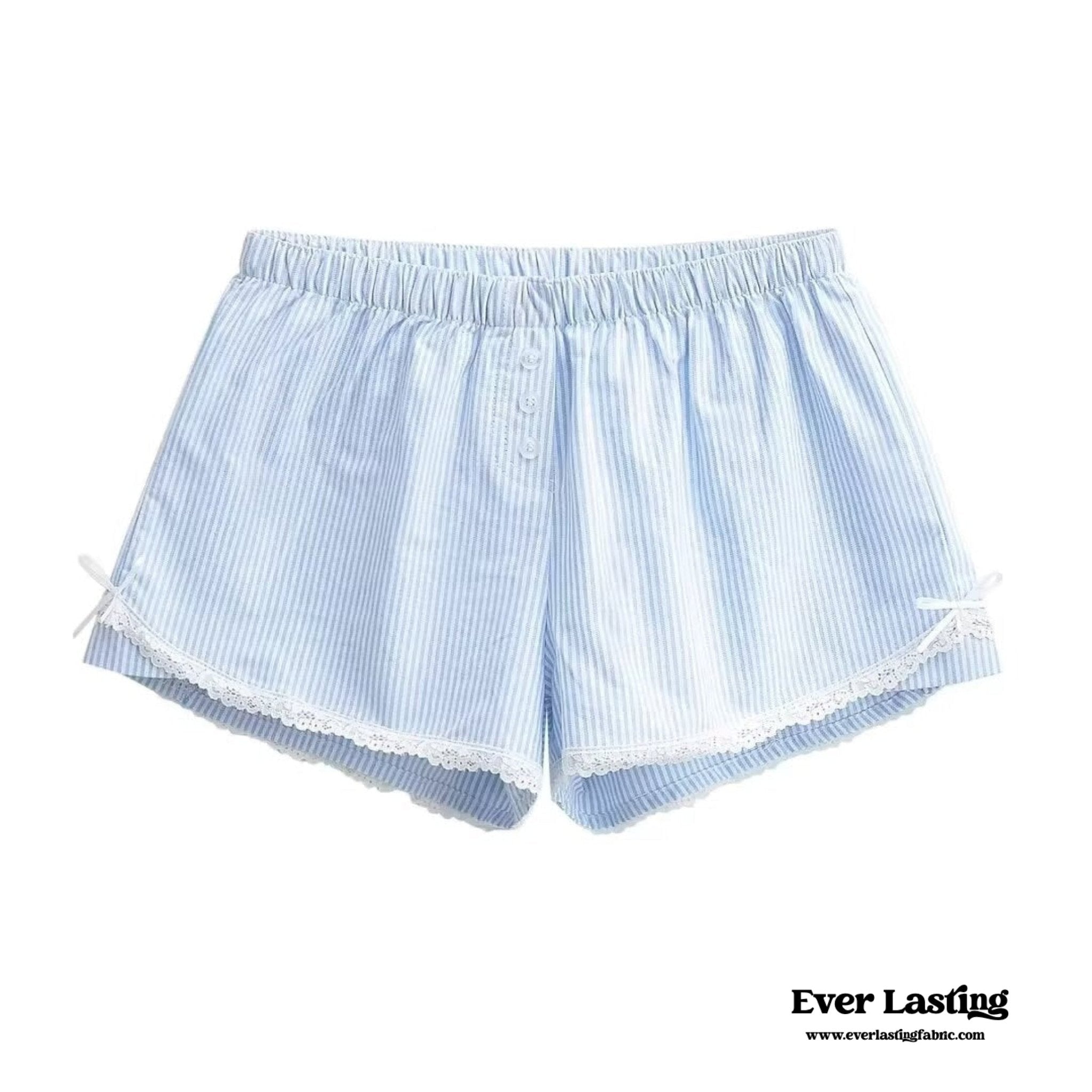 Stripe Ribbon Bow Lace Pajama Boxer Shorts / Blue - Ever Lasting