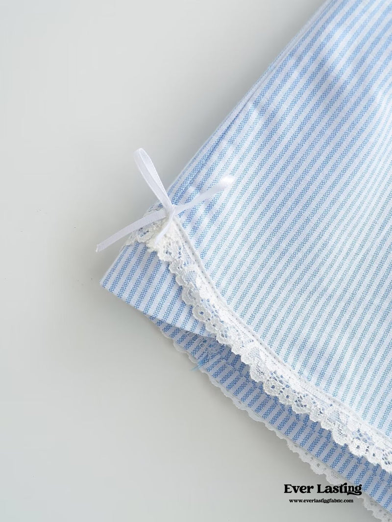 Stripe Ribbon Bow Lace Pajama Boxer Shorts / Blue
