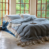 Stripe Ruffle Lace Bedding Set / Neutral Gray Blue Medium/Medium+ Flat