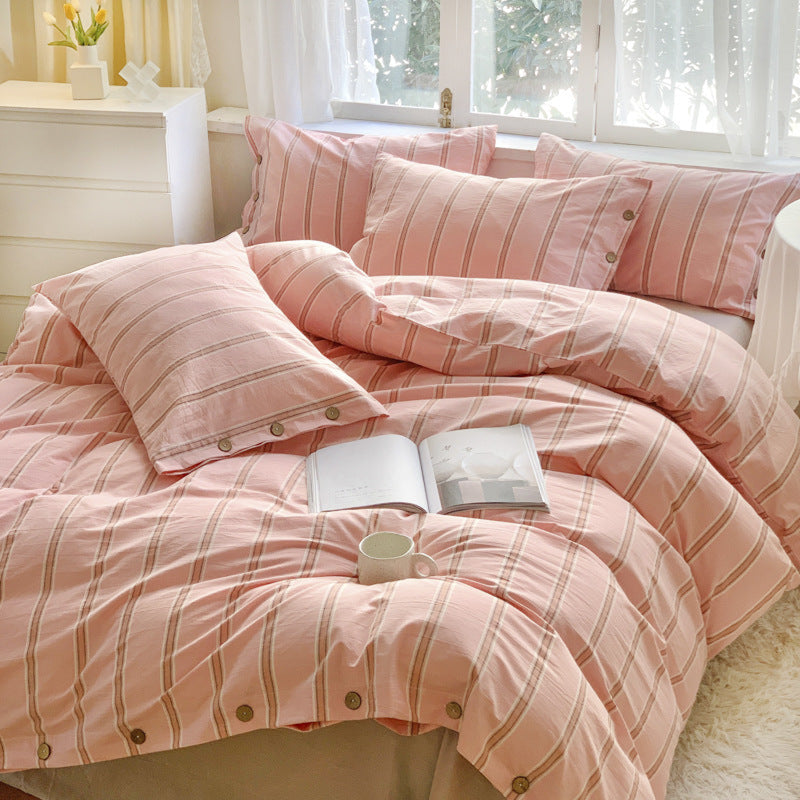 Striped Buttoned Bedding Bundle Pink Brown / Small Fitted