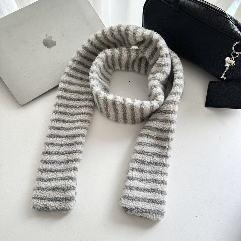 Striped Fleece Thin Scarf / Pink Gray Scarves