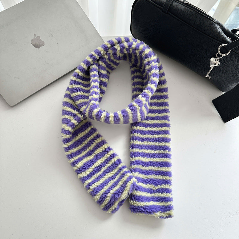 Striped Fleece Thin Scarf / Purple + White Scarves