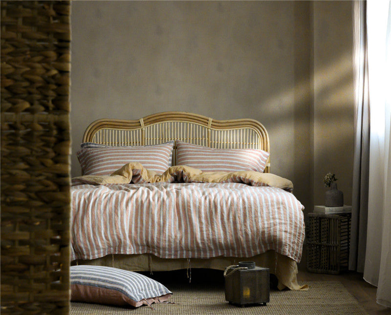 Striped Linen Bedding Set / Gray Orange Yellow Medium Fitted