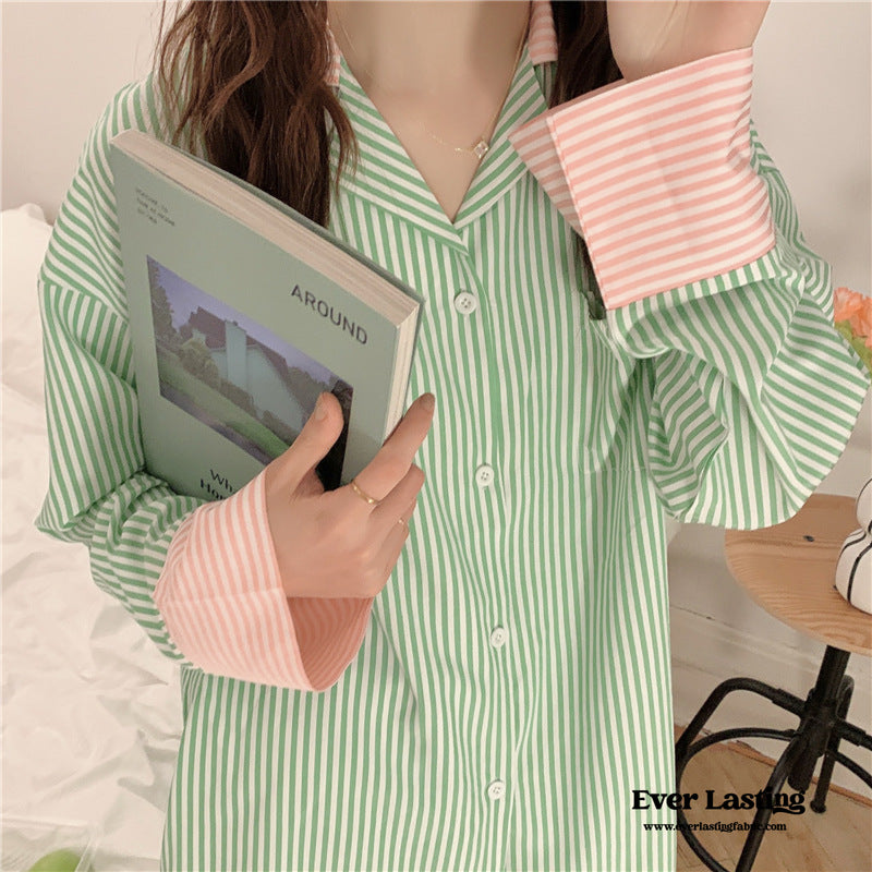 Striped Long Sleeves And Shorts Pajama Set / Blue Pajamas