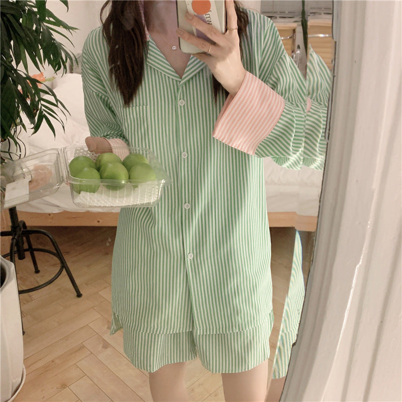 Striped Long Sleeves And Shorts Pajama Set / Pink Green One Size Pajamas