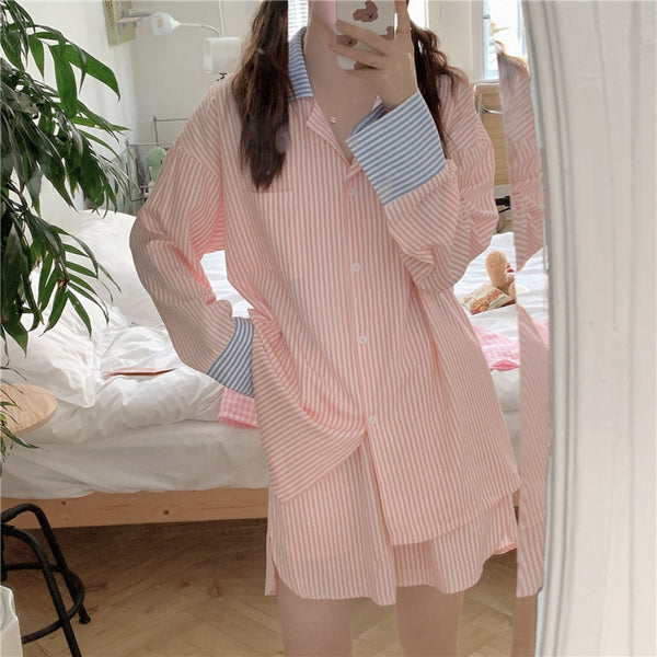 Striped Long Sleeves And Shorts Pajama Set / Pink One Size Pajamas
