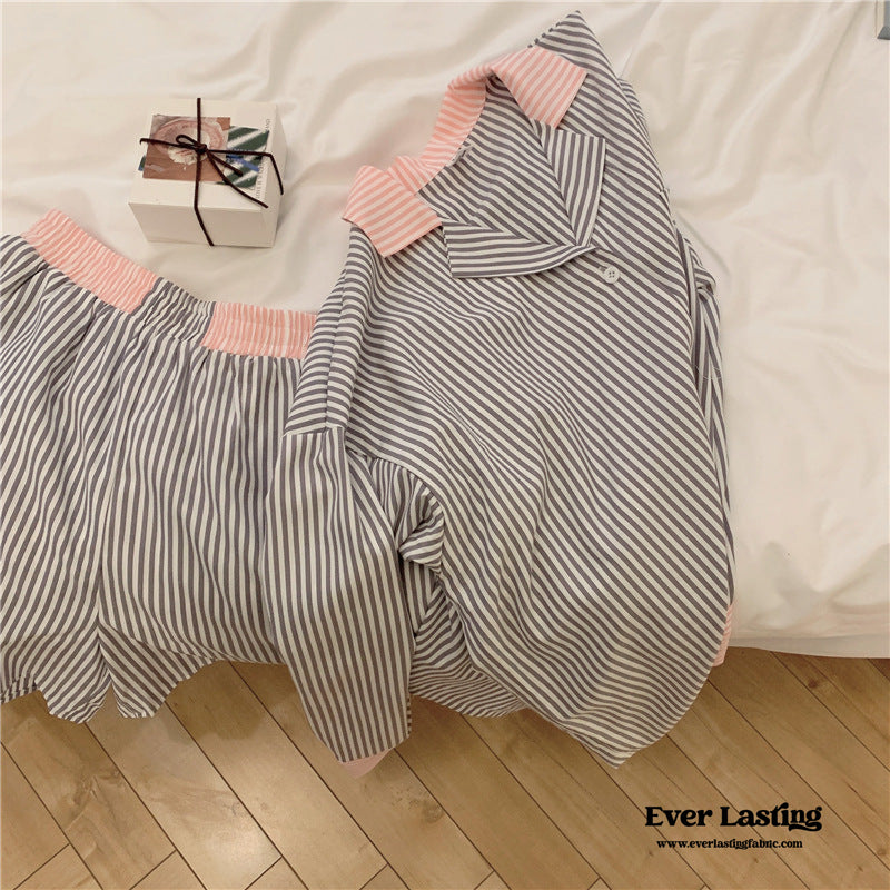 Striped Long Sleeves And Shorts Pajama Set / Pink Pajamas