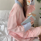 Striped Long Sleeves And Shorts Pajama Set / Pink Pajamas