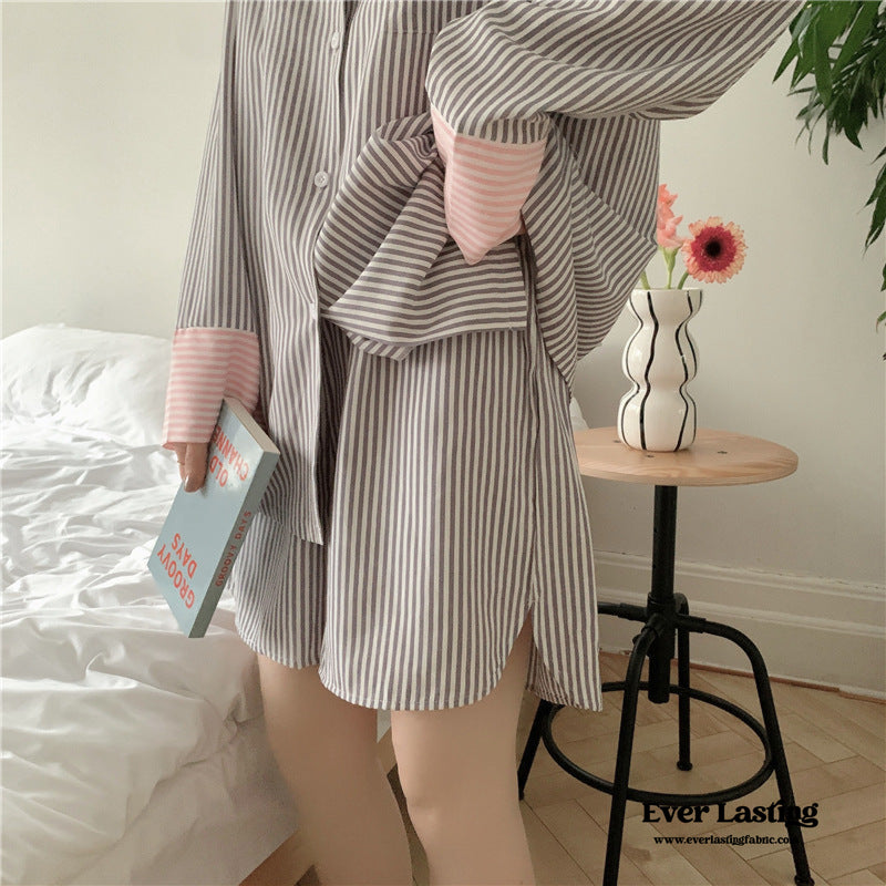 Striped Long Sleeves And Shorts Pajama Set / Pink Pajamas