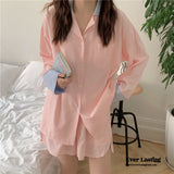 Striped Long Sleeves And Shorts Pajama Set / Pink Pajamas