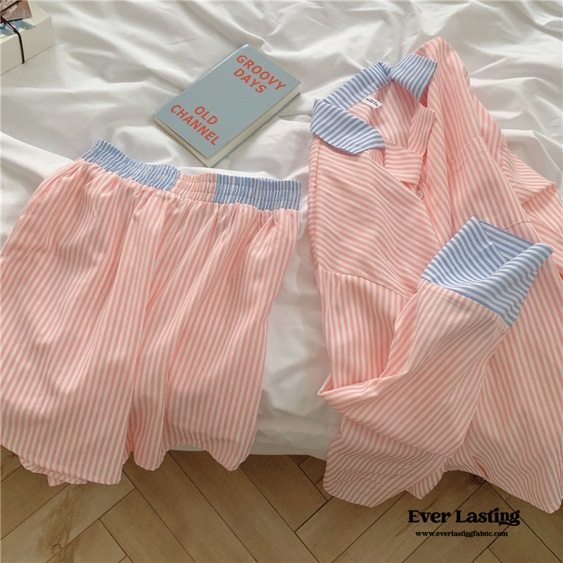 Striped Long Sleeves And Shorts Pajama Set / Pink Pajamas