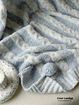 Striped Pom Fluffy Blanket / Blue + White Blankets