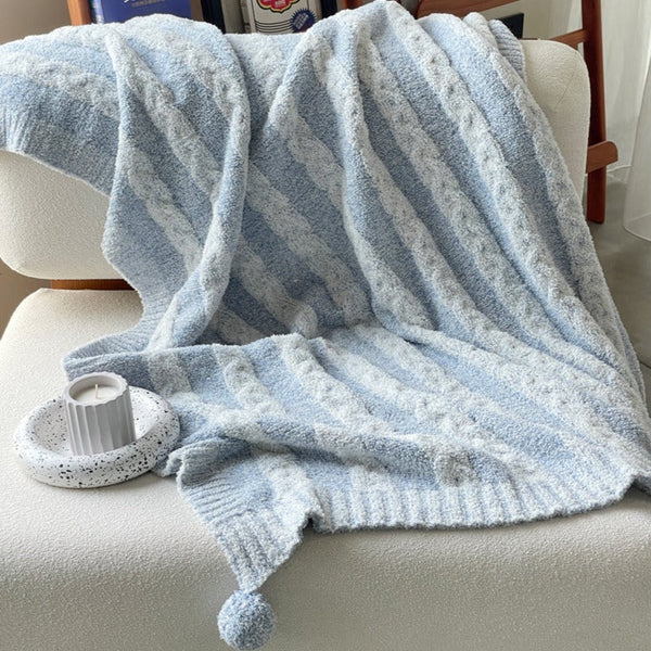 Striped Pom Fluffy Blanket / Blue + White Small Blankets