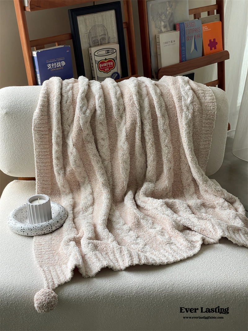 Striped Pom Fluffy Blanket / Cream + White Blankets