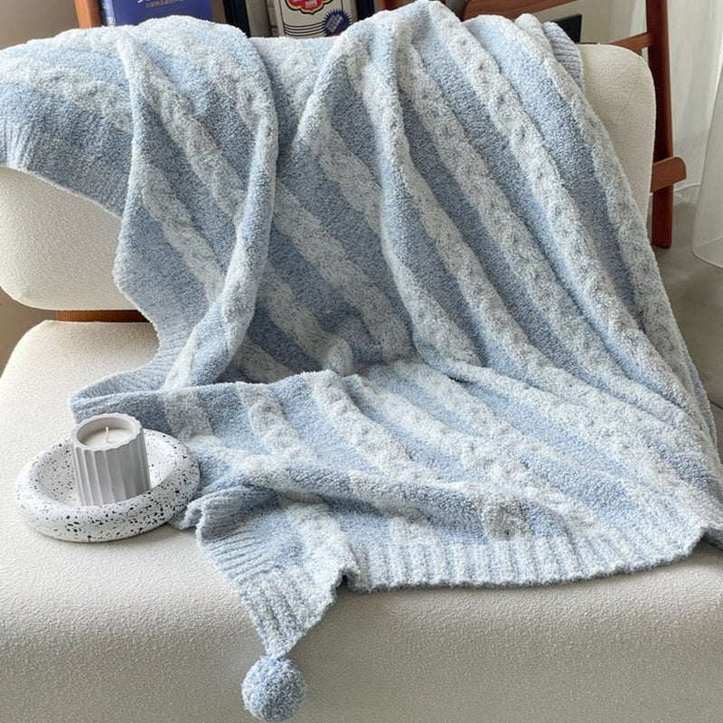 Striped Pom Fluffy Blanket / Cream + White Blue Small Blankets