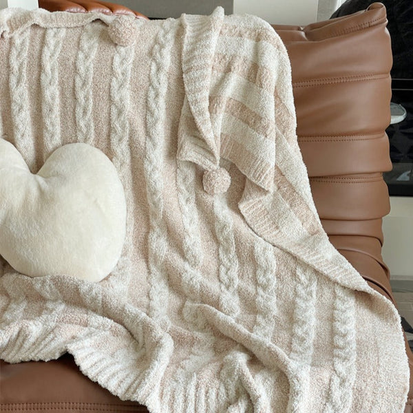 Striped Pom Fluffy Blanket / Cream + White Small Blankets