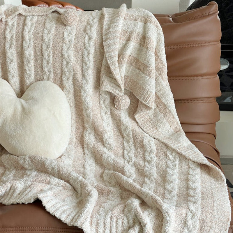 Striped Pom Fluffy Blanket / Pink + White Cream Small Blankets