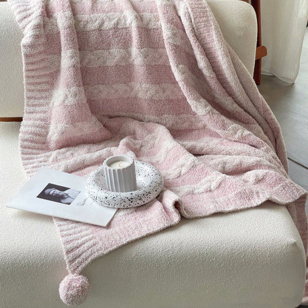 Striped Pom Fluffy Blanket / Pink + White Small Blankets