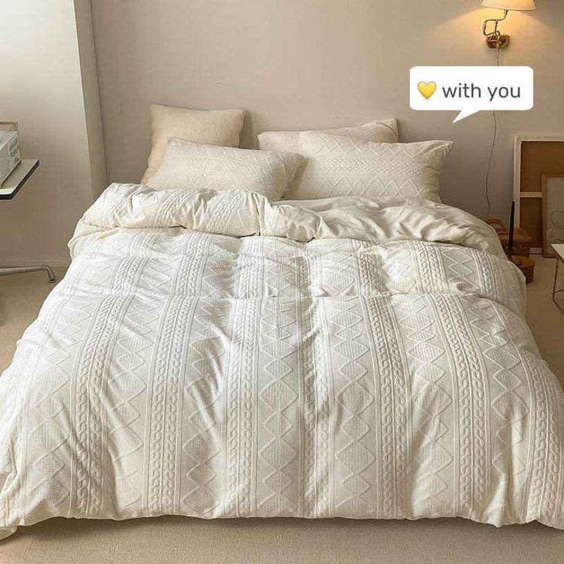 Sweater Knit Jacquard Velvet Bedding Set / White Small Fitted
