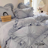 Sweet Heart Embroidered Ruffle Bedding Set / Blue