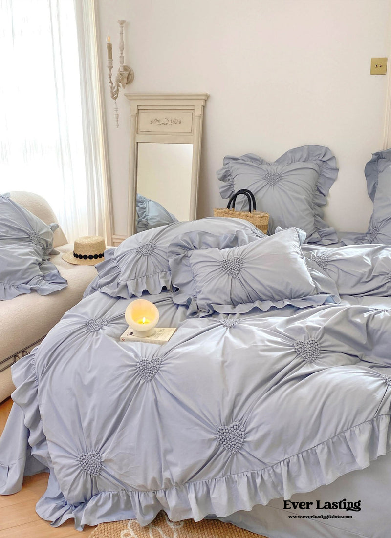 Sweet Heart Embroidered Ruffle Bedding Set / Blue