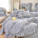 Sweet Heart Embroidered Ruffle Bedding Set / Eggshell White Blue Medium Flat