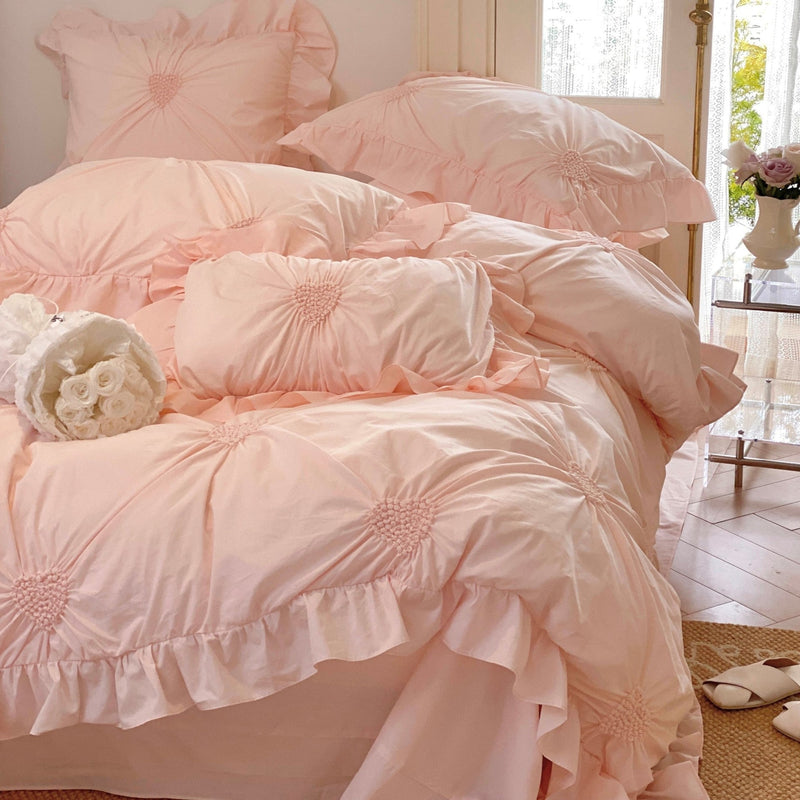 Sweet Heart Embroidered Ruffle Bedding Set / Eggshell White Pink Medium Flat