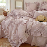 Sweet Heart Embroidered Ruffle Bedding Set / Eggshell White Purple Medium Flat
