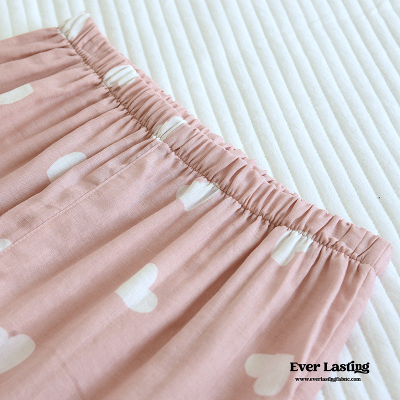 Sweet Heart Long Sleeves And Pants Cotton Pajama Set / Pink Pajamas