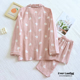 Sweet Heart Long Sleeves And Pants Cotton Pajama Set / Pink Pajamas