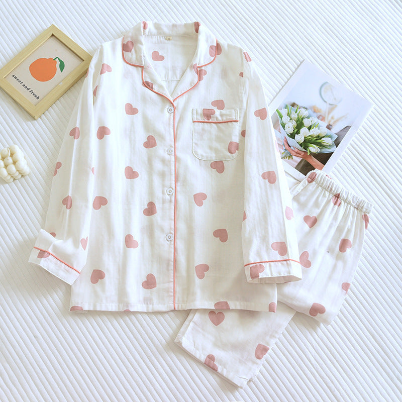 Sweet Heart Long Sleeves And Pants Cotton Pajama Set / Pink White Small/Medium Pajamas