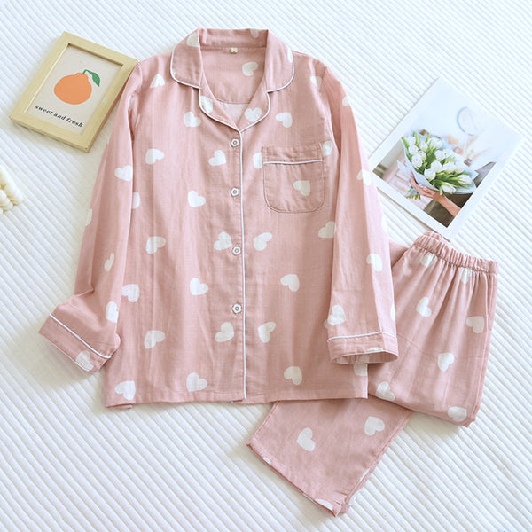 Sweet Heart Long Sleeves And Pants Cotton Pajama Set / White Pink Small/Medium Pajamas