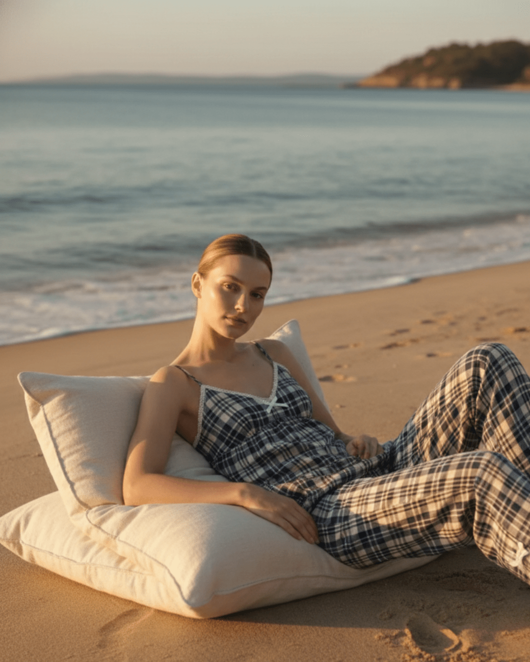  - Ever Lasting - Sweet Lace Dark Blue Plaid Ribbon Pajama Set / V Neck - Pajamas - Ever Lasting