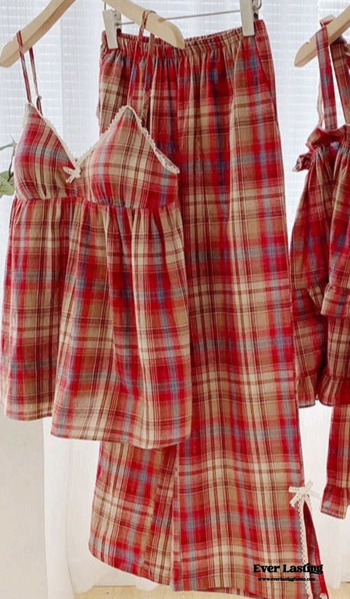 Sweet Lace Red Plaid Ribbon Pajama Set / V Neck - Ever Lasting