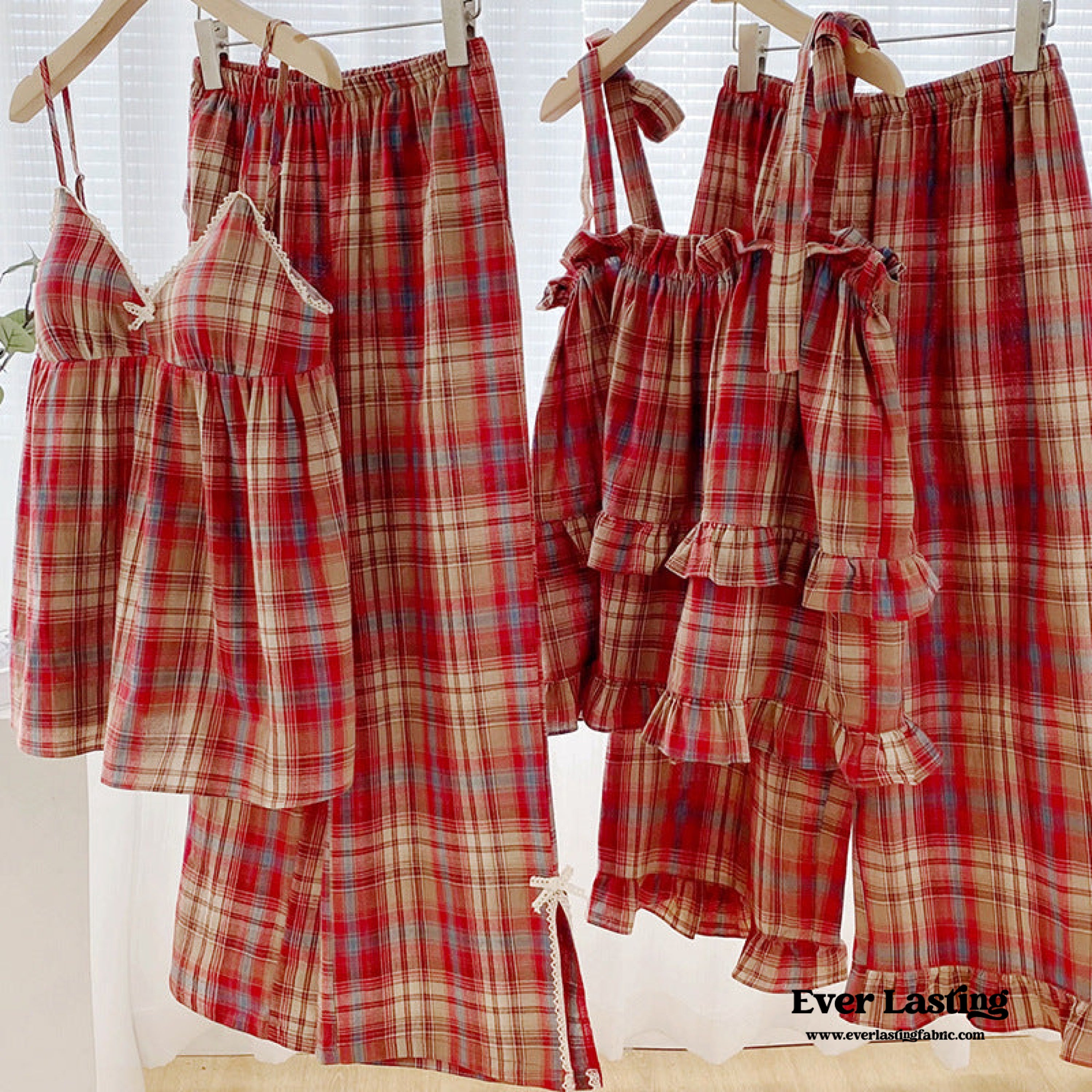 Sweet Lace Red Plaid Ribbon Pajama Set / V Neck | Best Stylish Bedding ...