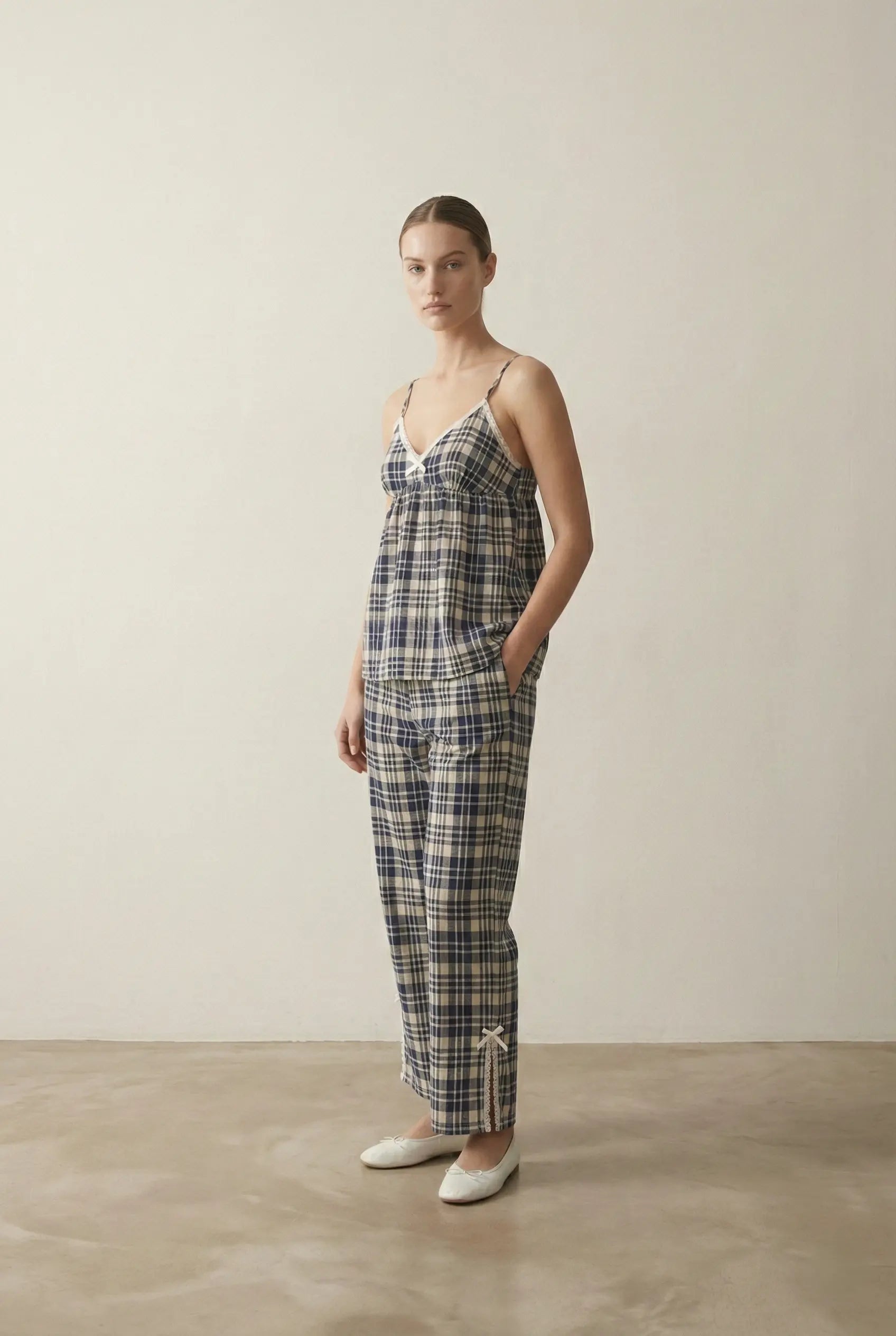  - Ever Lasting - Sweet Lace Red Plaid Ribbon Pajama Set / V Neck - Pajamas - Ever Lasting