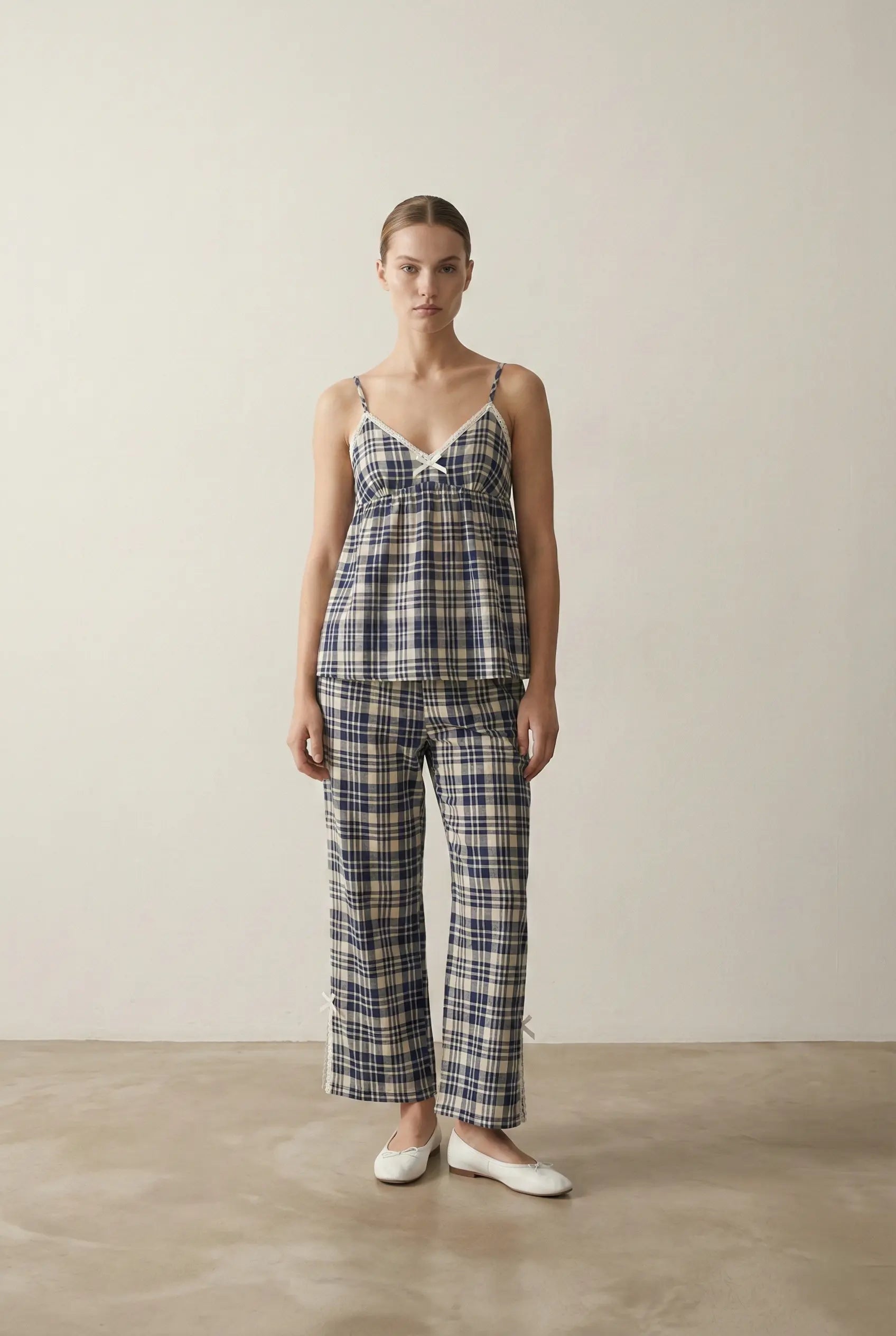  - Ever Lasting - Sweet Lace Red Plaid Ribbon Pajama Set / V Neck - Pajamas - Ever Lasting